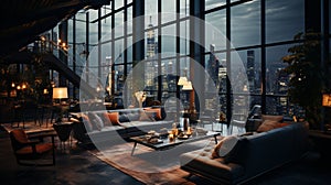 Interior Design modern Living room, windows show stunning view of the city skyline, Empty room apartment