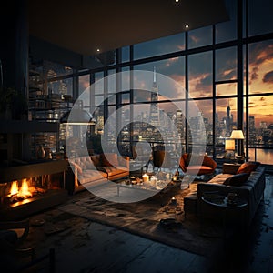 Interior Design modern Living room, windows show stunning view of the city skyline, Empty room apartment