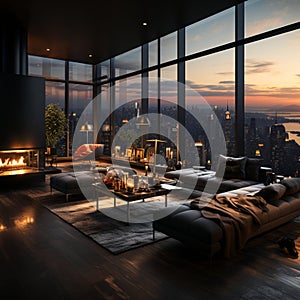 Interior Design modern Living room, windows show stunning view of the city skyline, Empty room apartment