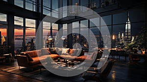 Interior Design modern Living room, windows show stunning view of the city skyline, Empty room apartment