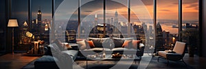 Interior Design modern Living room, windows show stunning view of the city skyline, Empty room apartment