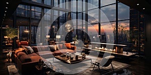 Interior Design modern Living room, windows show stunning view of the city skyline, Empty room apartment