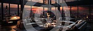 Interior Design modern Living room, windows show stunning view of the city skyline, Empty room apartment