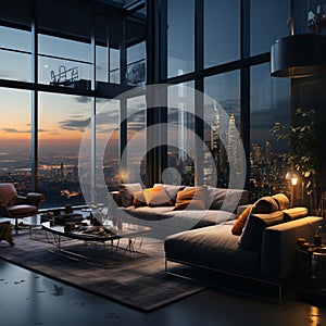 Interior Design modern Living room, windows show stunning view of the city skyline, Empty room apartment