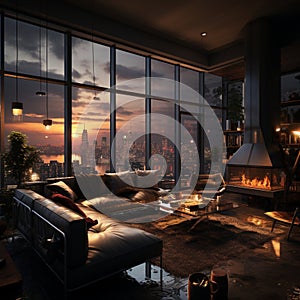 Interior Design modern Living room, windows show stunning view of the city skyline, Empty room apartment