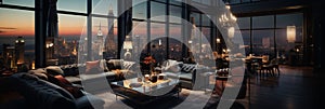 Interior Design modern Living room, windows show stunning view of the city skyline, Empty room apartment