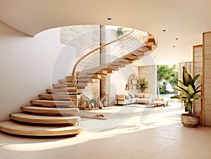 Interior design of modern living room with wooden spiral staircase. Created with generative AI