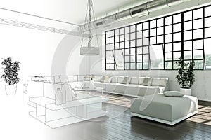 Interior Design Modern Loft Drawing Gradation Into Photograph