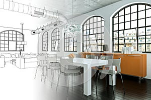 Interior Design Modern Loft Drawing Gradation Into Photograph