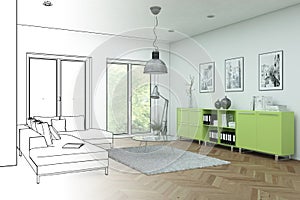 Interior Design Modern Loft Drawing Gradation Into Photograph