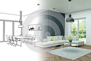 Interior Design Modern Loft Drawing Gradation Into Photograph