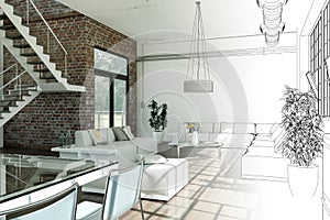 Interior Design Modern Loft Drawing Gradation Into Photograph photo