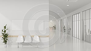 Interior design of a modern luxurious white building corridor or hallway with waiting seat