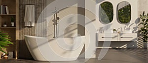 Interior design of a modern luxury bathroom with modern bathtub, double sink and mirror