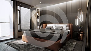 Interior of modern luxury bedroom with double bed, background 3D rendering