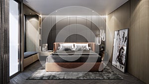 Interior design of modern luxury bedroom with double bed, 3D rendering