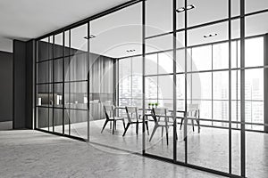 Interior design modern meeting room with panoramic windows. Contemporary conference board table. Cityscape view