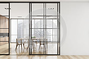 Interior design of modern meeting room with panoramic windows. Contemporary conference board table. Cityscape view. Mock up white