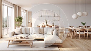 Interior design of modern Scandinavian apartment, living room with beige sofa and dining room, panorama 3d rendering