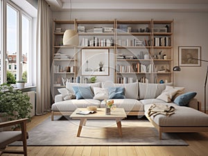 Interior design of modern Scandinavian apartment, living room 3d rendering