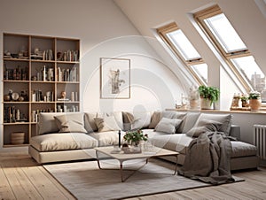 Interior design of modern Scandinavian apartment, living room 3d rendering