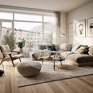 Interior design of modern Scandinavian apartment, living room 3d rendering