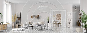 Interior design of modern scandinavian apartment, living room and dining room. Home design. Panorama 3d rendering