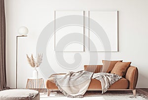 Interior design of modern Scandinavian apartment, living room in neutral colors,