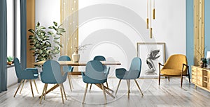 Interior design of modern scandinavian dining room 3d rendering