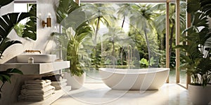 Interior design of modern white bathroom with tiled marble flooring and greenery in house in tropical forest
