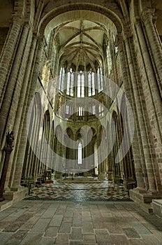 Interior design of Mont Saint-Michel abbey at day, France