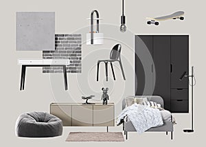 Interior design moodboard with isolated modern teenager room furniture, home accessories, materials. Furniture store