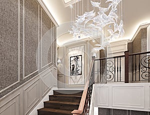 Interior design of the 2nd floor staircase hall, 3D RENDER photo