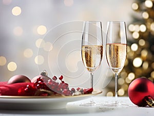 Interior design of New Year\'s table with champagne in glasses, beautiful dishes and Christmas decorations and balls