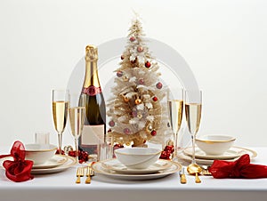 Interior design of New Year\'s table with champagne in glasses, beautiful dishes and Christmas decorations and balls