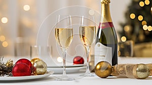 Interior design of New Year\'s table with champagne in glasses, beautiful dishes and Christmas decorations and balls