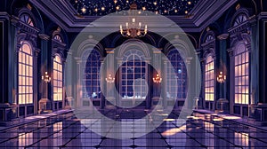 Interior design of a night ballroom. Modern illustration of a dark royal palace with many stars in the midnight sky