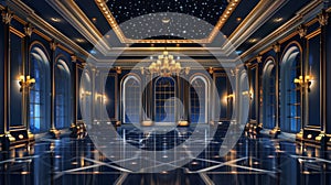 Interior design of a night ballroom. Modern illustration of a dark royal palace with numerous stars on the night sky