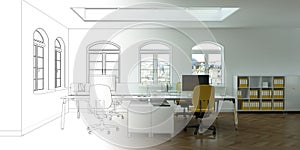 Interior Design Office Drawing Gradation Into Photograph