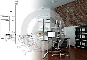 Interior Design Office Drawing Gradation Into Photograph