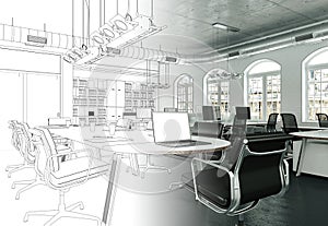 Interior Design Office Drawing Gradation Into Photograph