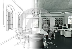 Interior Design Office Drawing Gradation Into Photograph