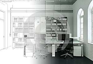 Interior Design Office Drawing Gradation Into Photograph