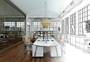 Interior Design Office Drawing Gradation Into Photograph