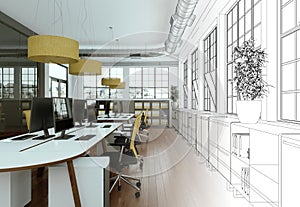 Interior Design Office Drawing Gradation Into Photograph