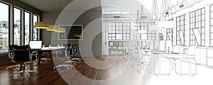 Interior Design Office Drawing Gradation Into Photograph