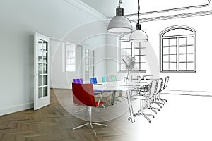 Interior Design Office Drawing Gradation Into Photograph