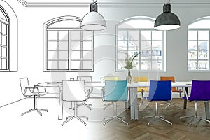 Interior Design Office Drawing Gradation Into Photograph