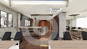 Interior design of office space with false ceiling and wood panels 3d visualization