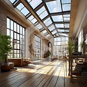 Interior Design a perspective of a creative loft, large windows with natural light, modern furniture, skylight. Generative Ai